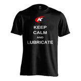 T-shirt noir marque Kennol, message Keep Calm and Lubricate imprimé en blanc, vêtement homme