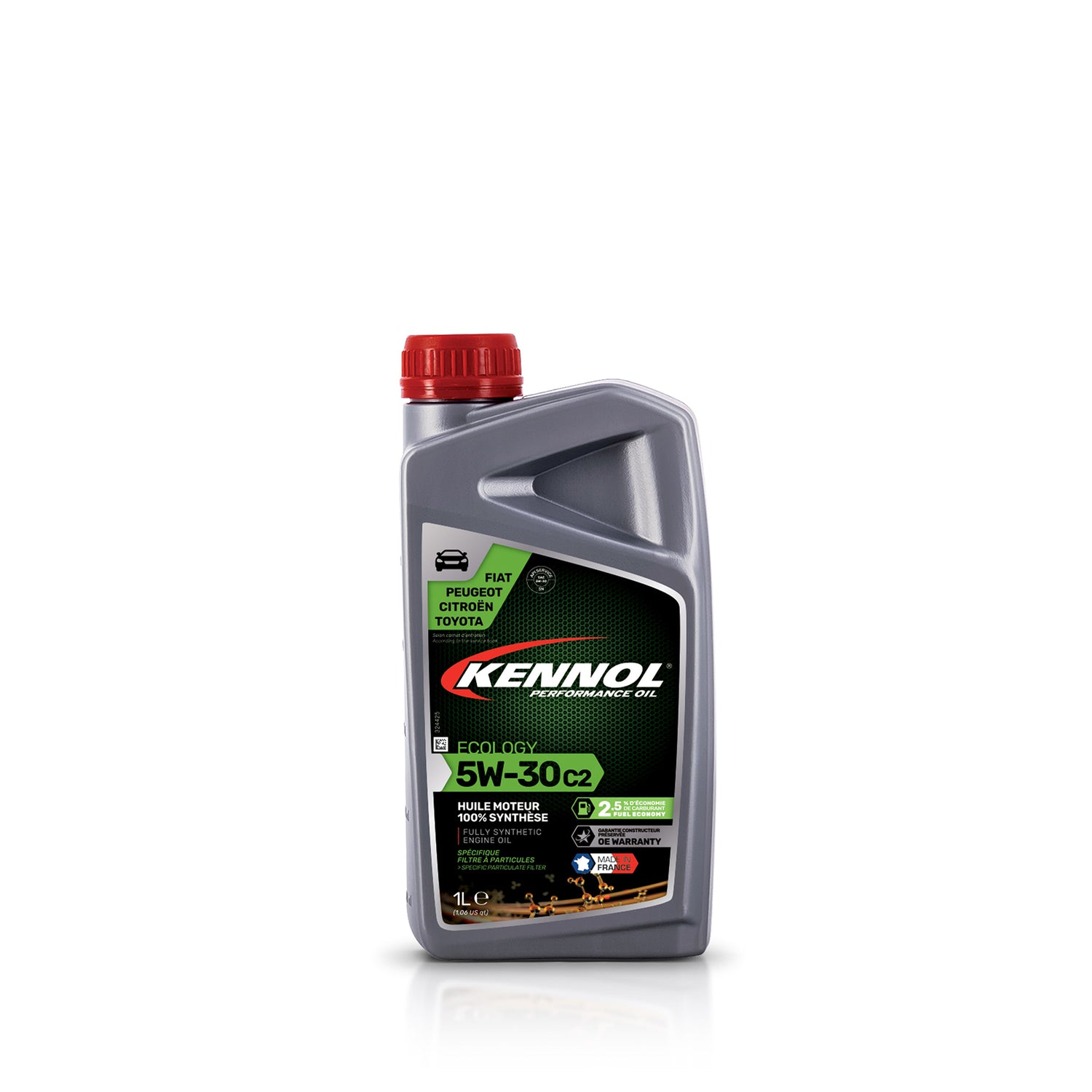 Bouteille grise d’huile moteur KENNOL 5W-30 C2, produit de type huile moteur, bouchon rouge.