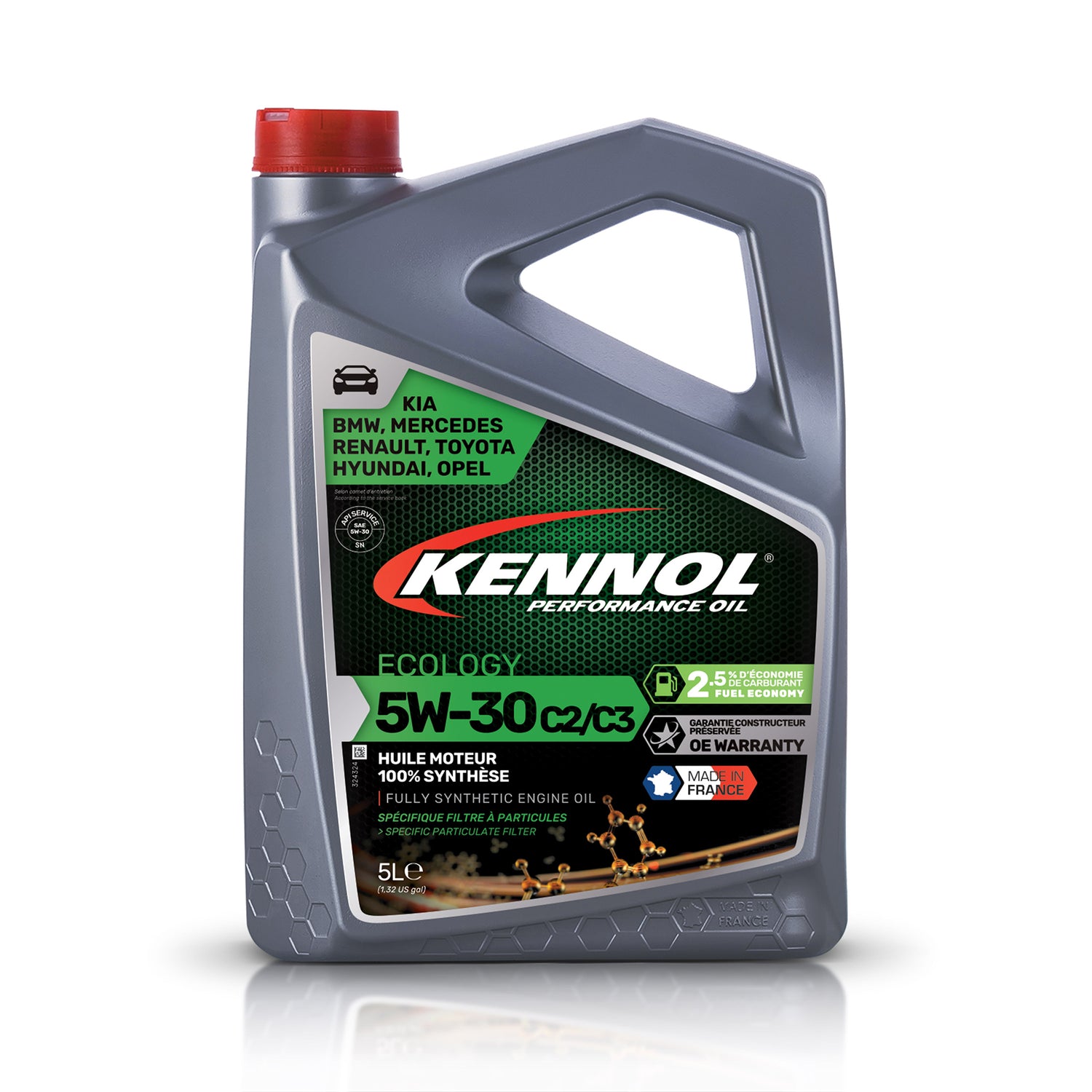 Bidon gris d’huile moteur KENNOL 5W30 C2/C3, type huile synthétique, couleur grise.